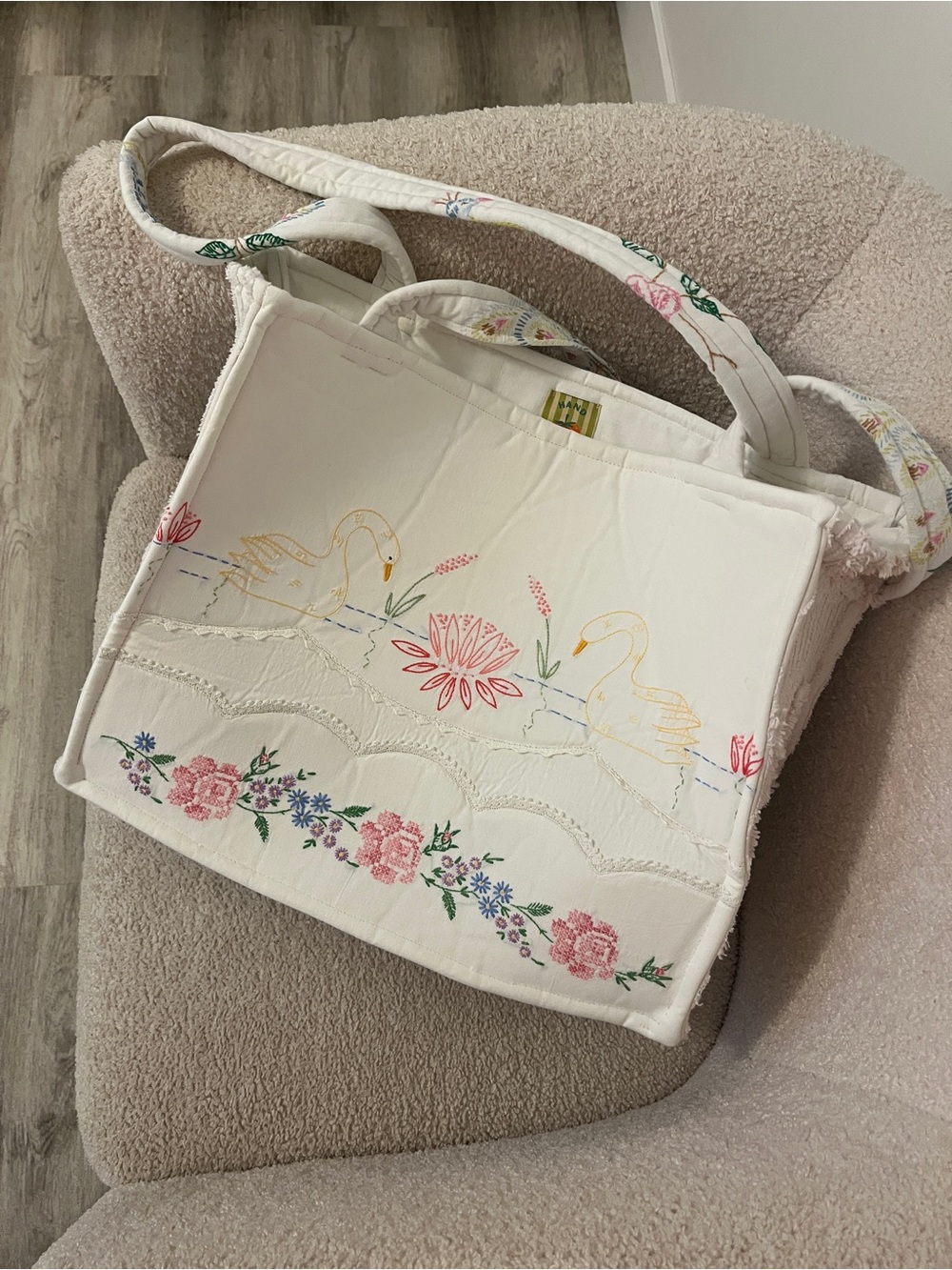 Hand made Embroidered Tote Bag with Swan Motif magnolia pearl